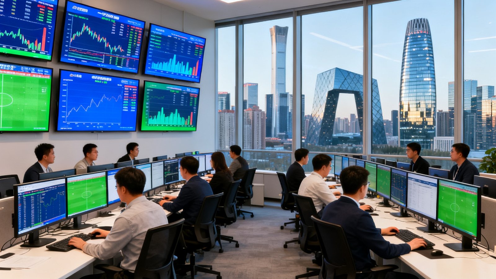 足球分析预测公司的开放式办公室内景，二十多名员工坐在双排显示器前分析比赛数据，墙上挂着多块实时数据大屏，窗外可见北京望京的城市天际线