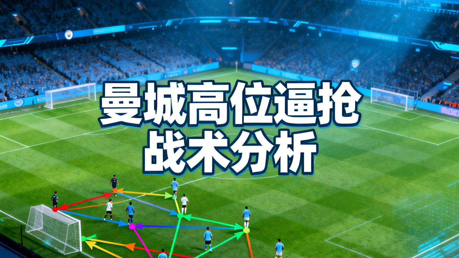 战术分析视频封面图，电子战术板上用彩色箭头标注了双方球员的跑位路线和传球网络，分析曼城的高位逼抢战术